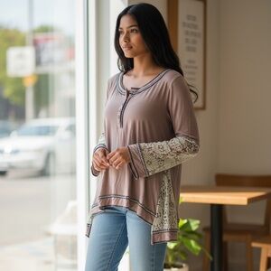 POL Taupe Boho Long-Sleeve Henley Top with Lace Sides – Size Medium